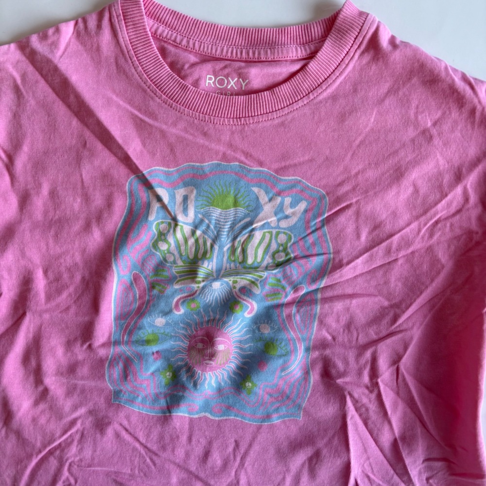 Roxy Girl Kids Pink Graphic Cropped Tee Sun‎ Butterfly Cotton T-Shirt Size 7
